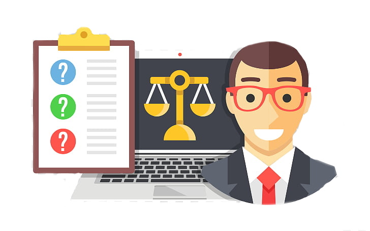 cartoon image of a man, scales of justice, and clipboard