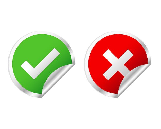 green circle with white checkmark, red circle with white x mark