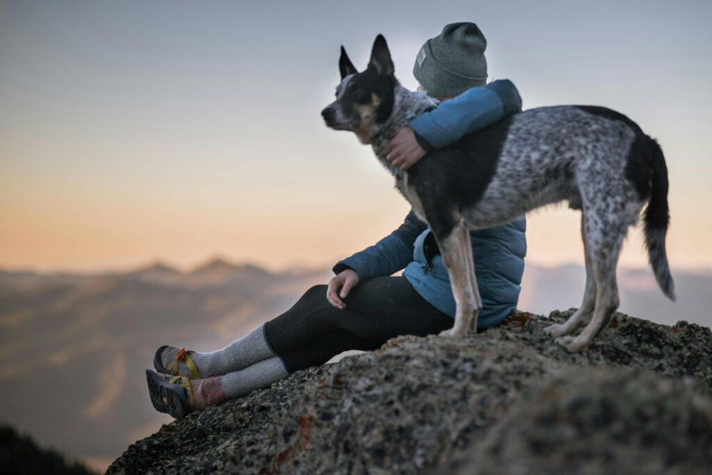 person with arm around dog sitting on a rock 