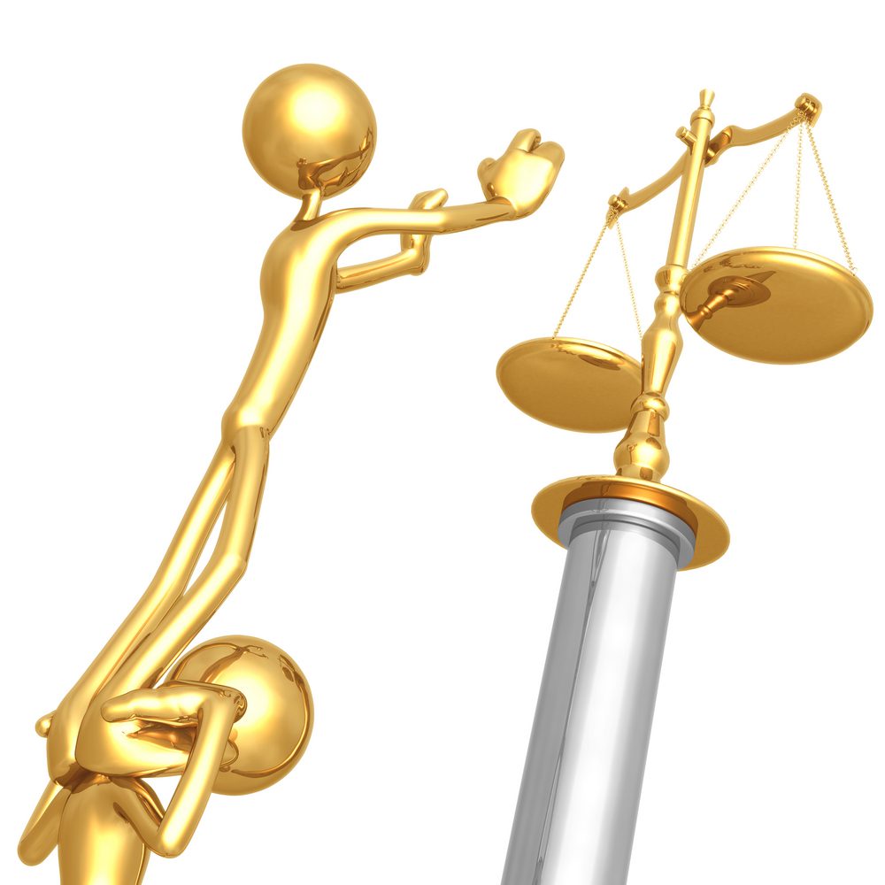 cartoon figures in gold one holds another up by the shoulders who reaches for the scales of justice