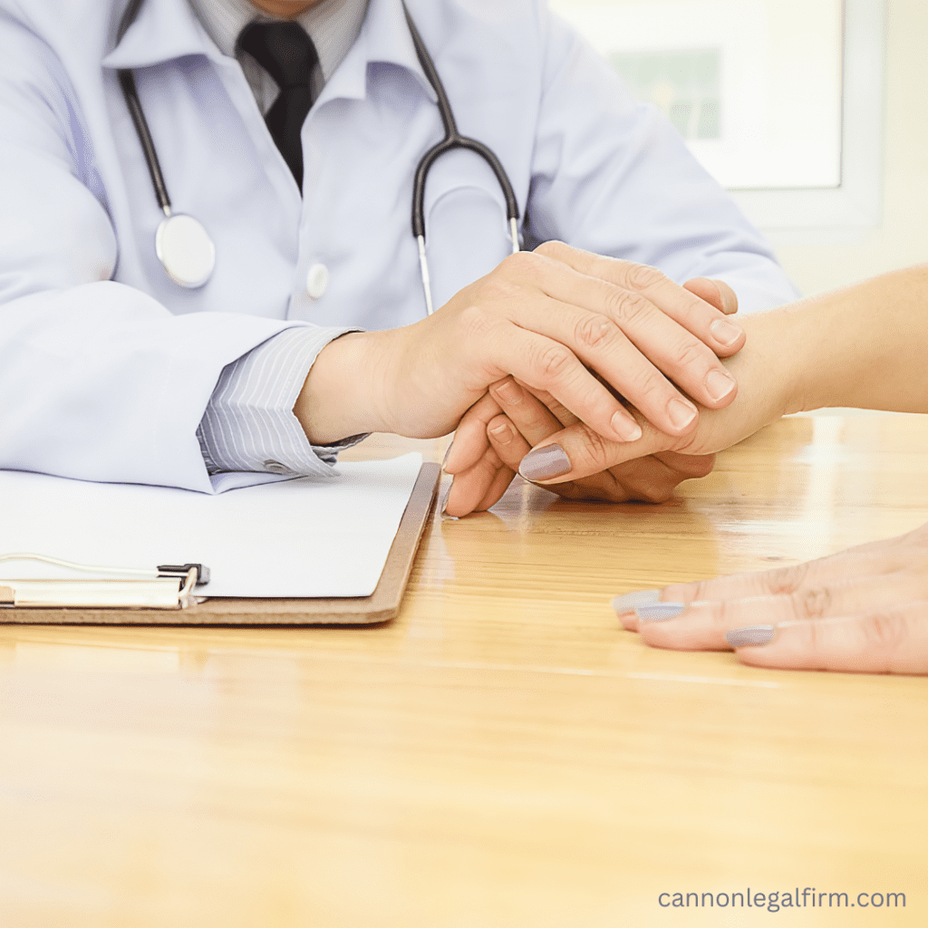 photo of a doctor wearing a stethoscope around his neck. He is holding someone's hand over a desk. There is a clipboard with paper on it. 