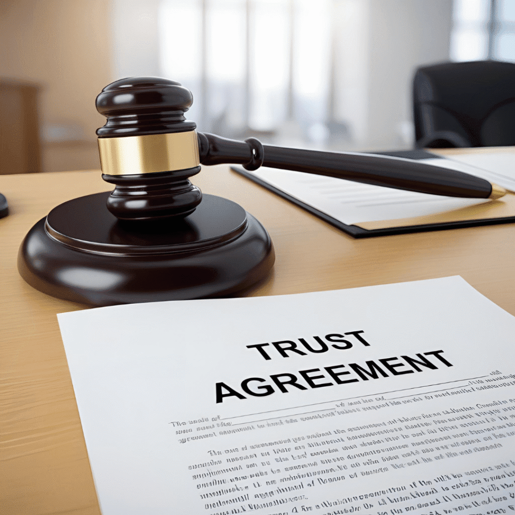 Judges hammer next to a document with the words Trust Agreement in bold writing.
