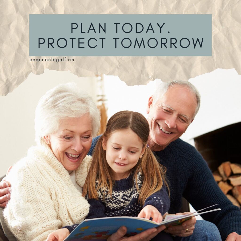 words say "plan today, protect tomorrow". There is a picture of grandparents showing a children's book to a little girl