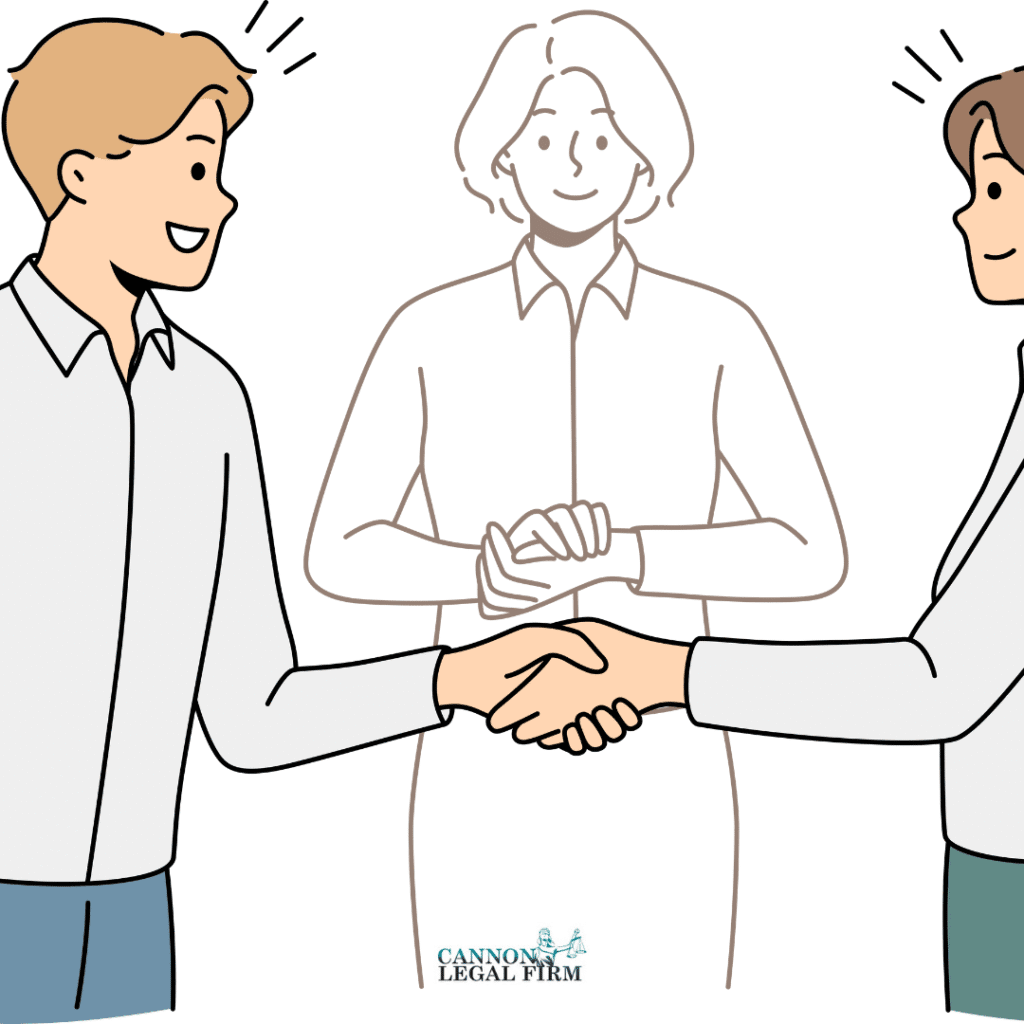 Two people shaking hands, with a mediator standing in between.