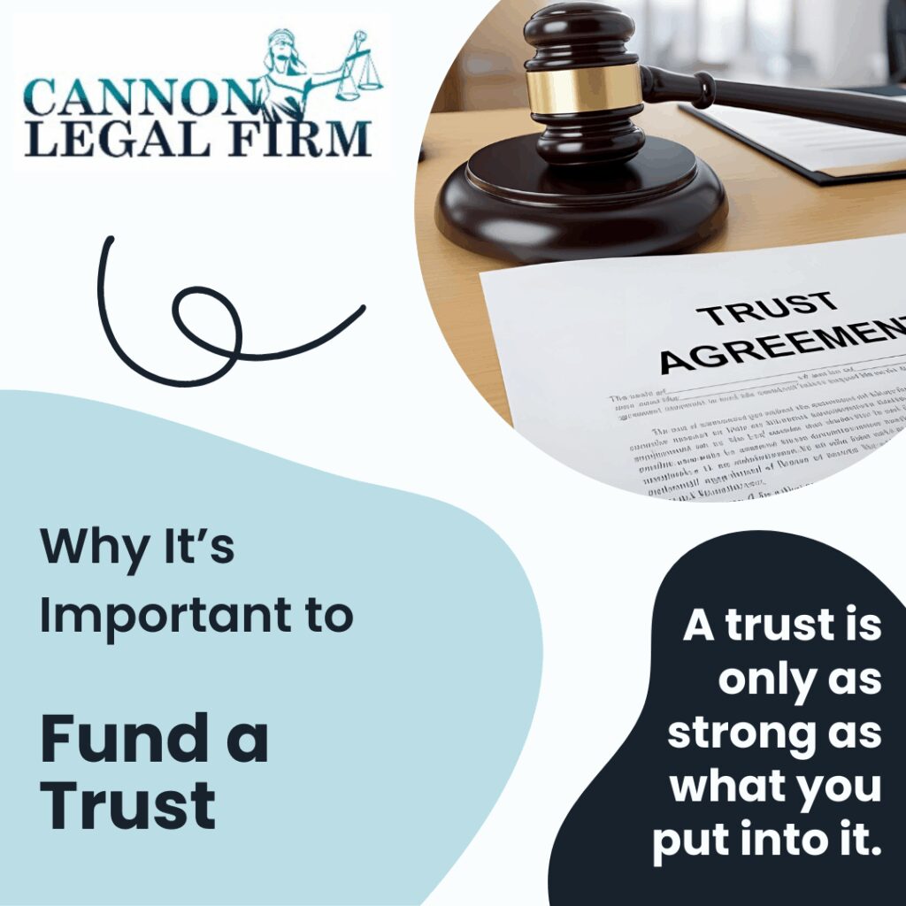 words read: "Why it's important to fund your trust. A trust is only as strong as what you put into it." Logo. Picture of judge hammer and document that says trust agreement. 