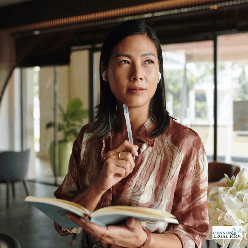 Lady holding a book and a pen, looking off into the distance