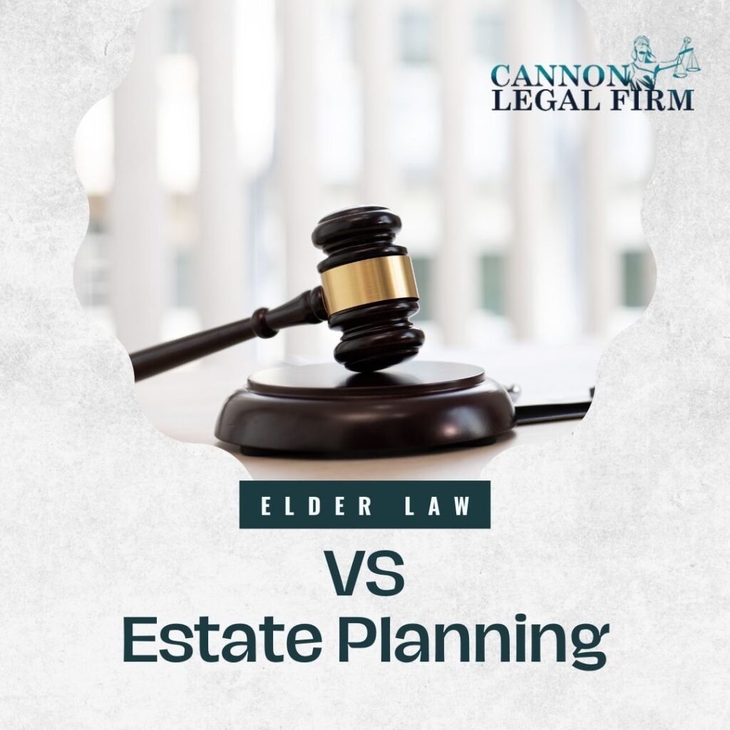 Text: elder law vs estate planning. Picture of a judges hammer 