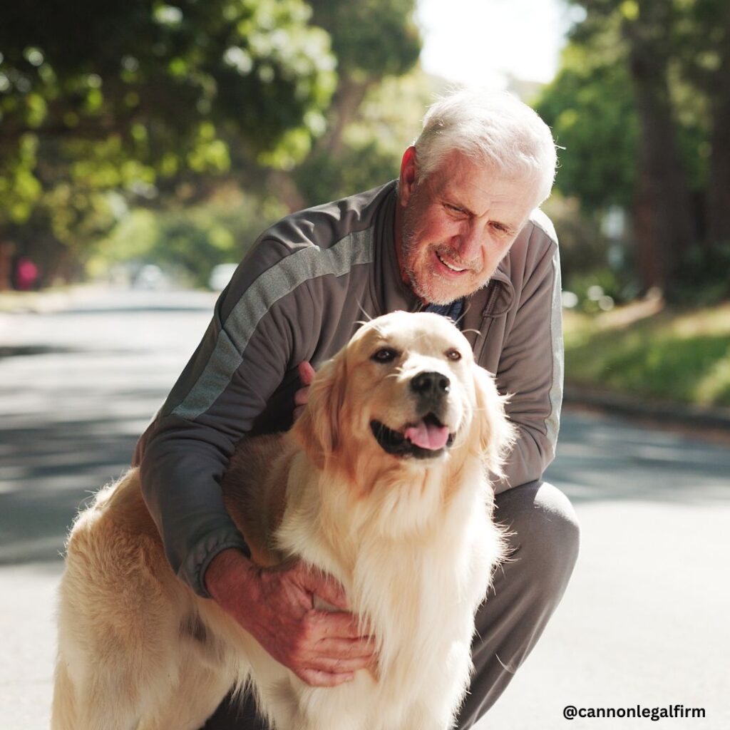 Elderly man holding a golden retriever dog