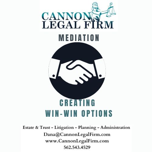 Estate Mediation Benefits. Cannon Legal Firm logo and picture of 2 peoples hands shaking.