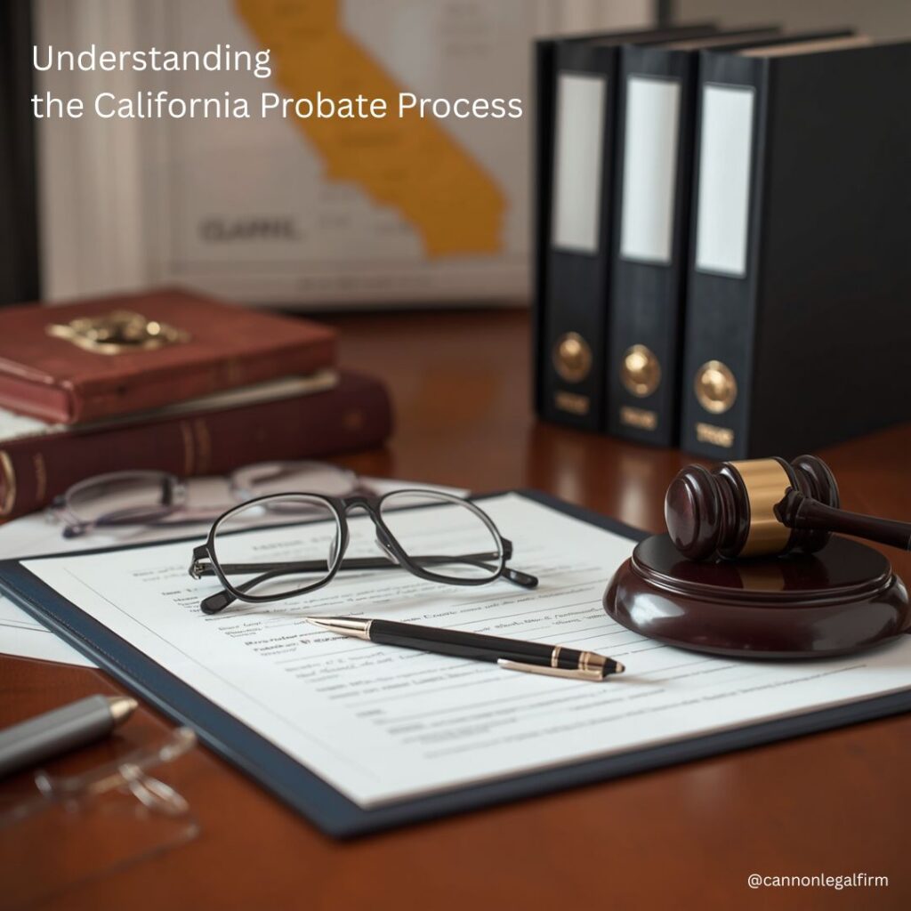 Understanding the California Probate Process. a California map subtly visible in the background, a refined law book, reading glasses, a pen, and a small gavel.