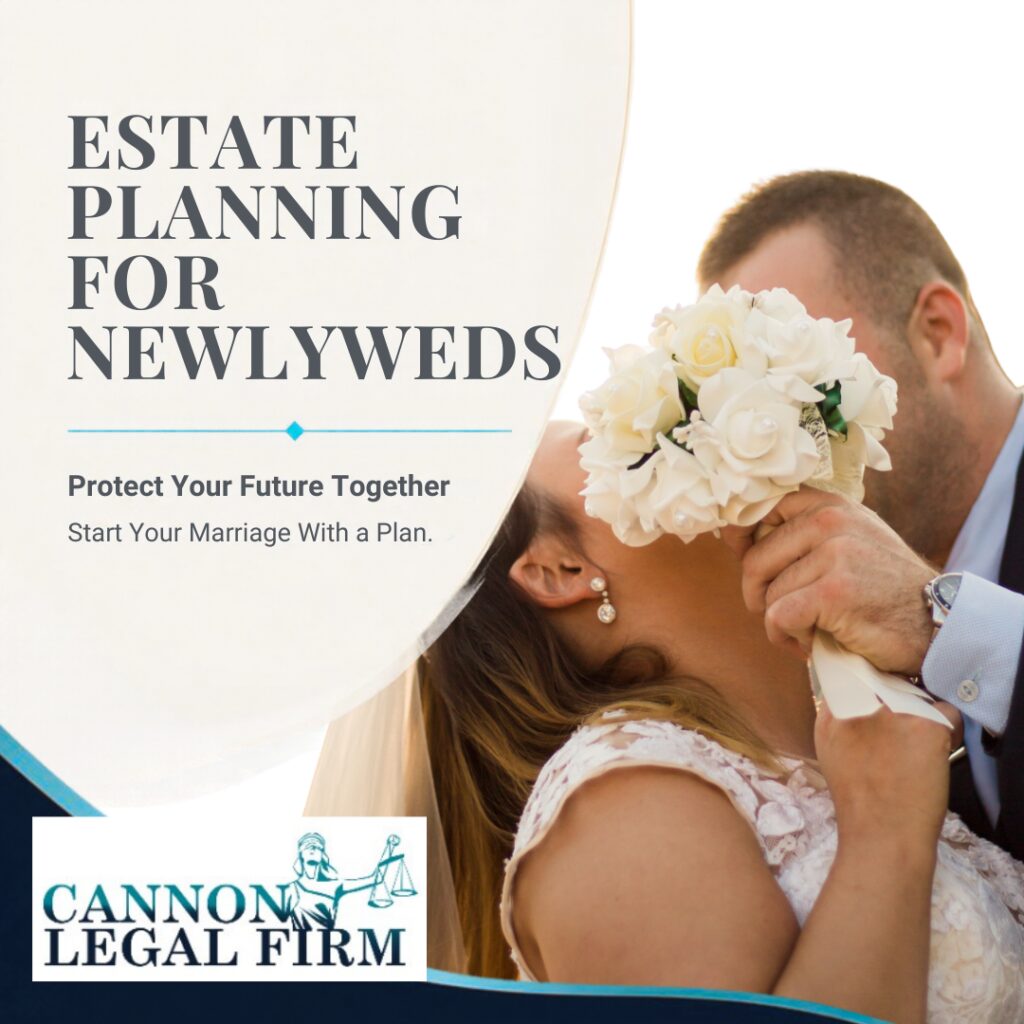 Estate planning for Newlyweds. Bride and groom embracing. Flowers are covering their faces
