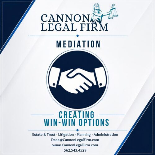 Benefits of Estate Mediation. Logo og Cannon Legal Firm, list of services, and drawing of two hands shaking.