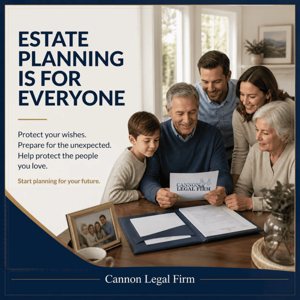 Estate Planning Basics for Everyone. Family looking at documents. Estate Planning Is For Everyone text.
