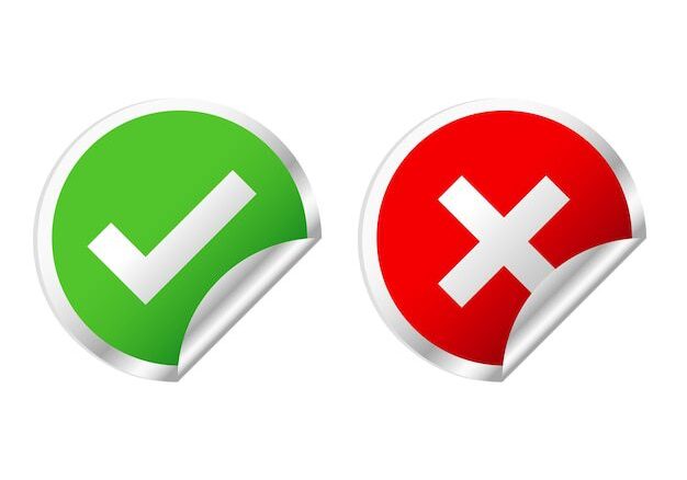 a green circle with a white checkmark, and a red circle with an x mark